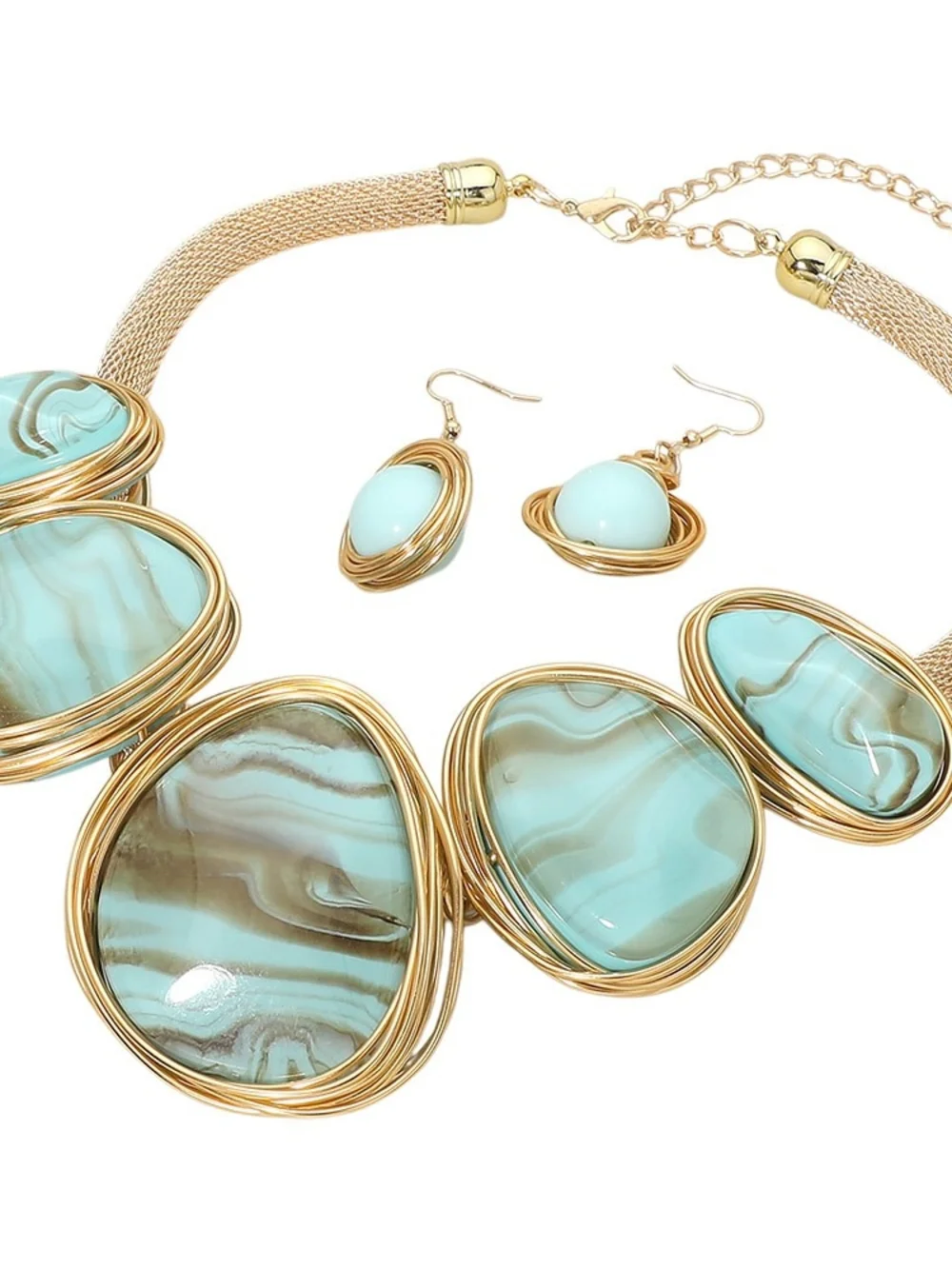 Gold-Trim Metal Aqua Statement Necklace & Earrings Set